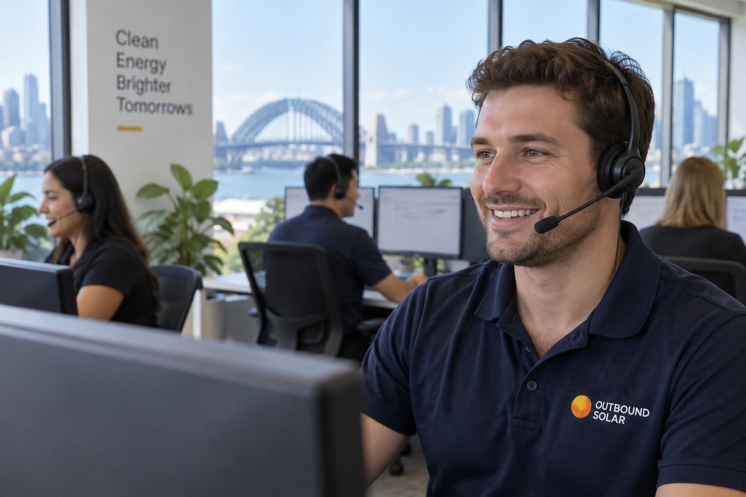 Illustration of an Australian call-centre sales representative wearing an Outbound Solar logo polo and headset