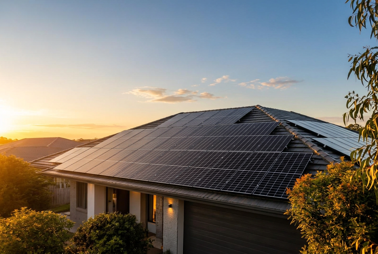 Australian home with rooftop solar panels at sunset